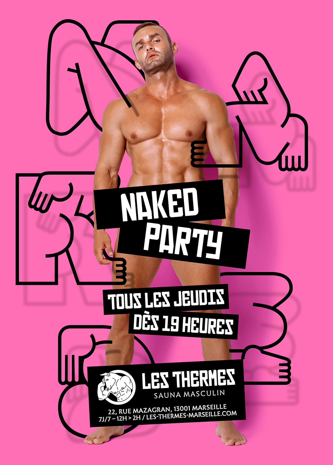 Tous les jeudis au sauna gay les thermes: NAKED PARTY. De 19h à 2h on tombe les serviettes (Dress-Code obligatoire) pour la soirée naturiste. Le tarif de l'entrée est fixé à 18€ (12€ pour les moins de 25 ans).