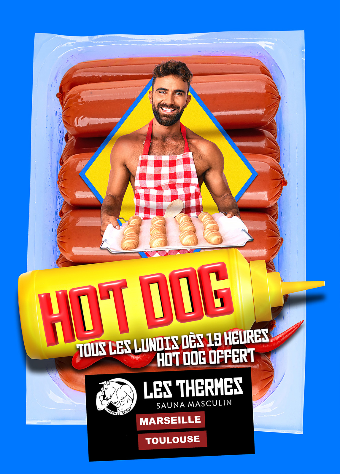 Tous les lundi au sauna gay les thermes: A partir de 19h, pour bien commencer la semaine, nous t’invitons à profiter d’un moment de convivialité en dégustant nos hot-dogs offerts.